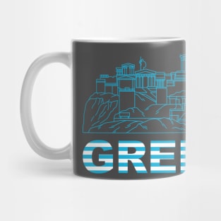 In this work we see the legendary Acroplus Greek structure. And also we see the ancient Greek city. The work is made with the color of the Greek flag. Mug